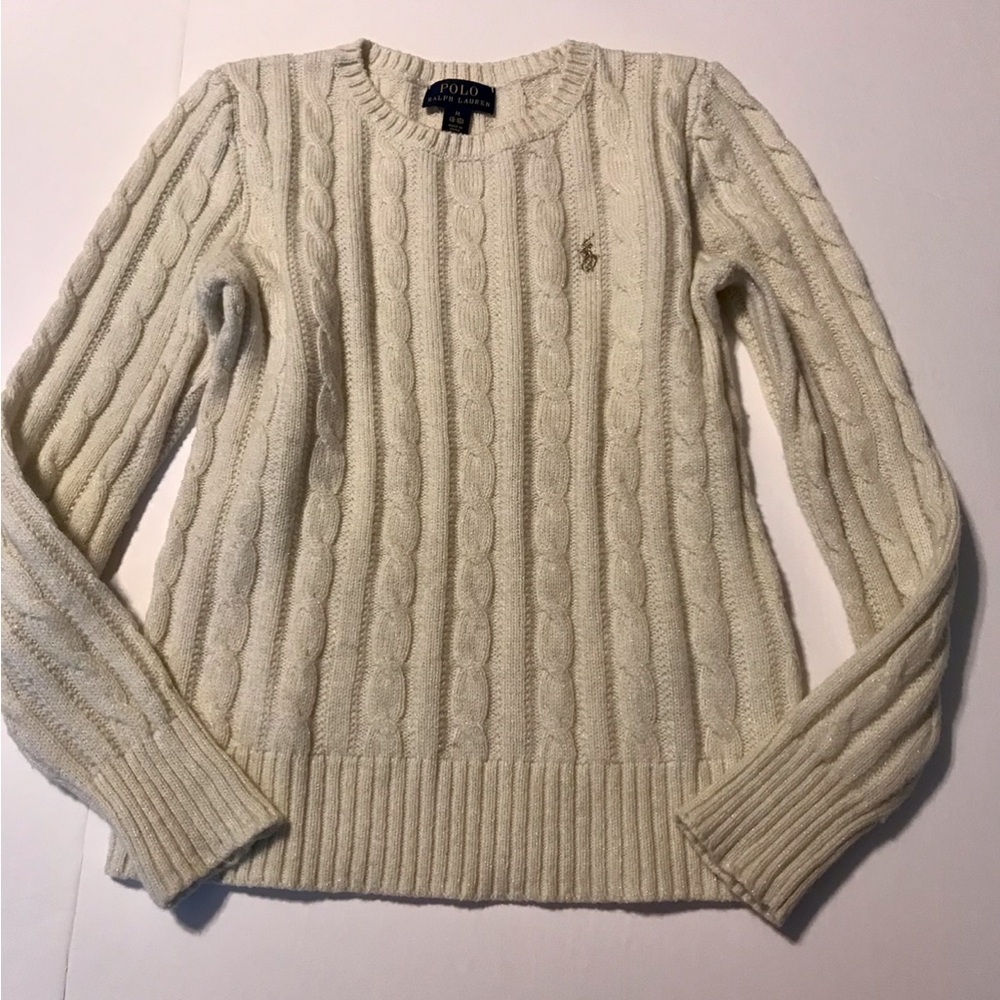 AUTHENTIC ;  POLO-RALP LAUREN GIRLS, CREAM METALLIC , CABLE KNIT SWEATER.